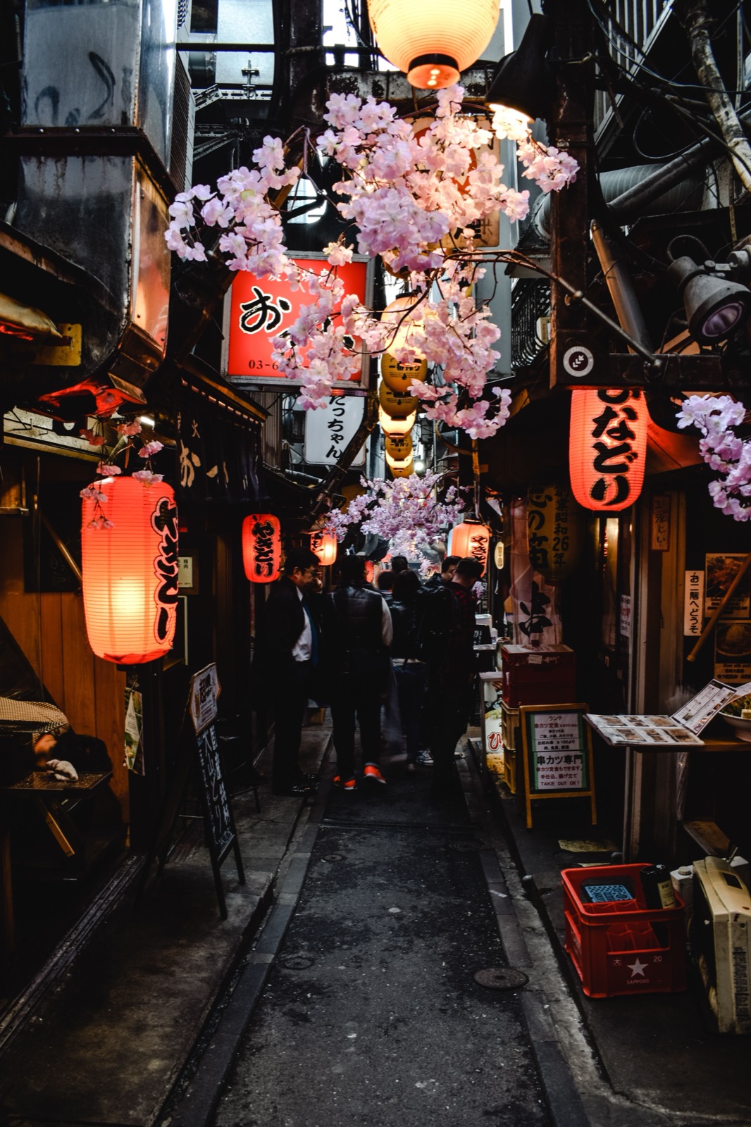 Ruelle d'izakaya illuminée de lanternes rouges, typique d'un nomikai après le travail