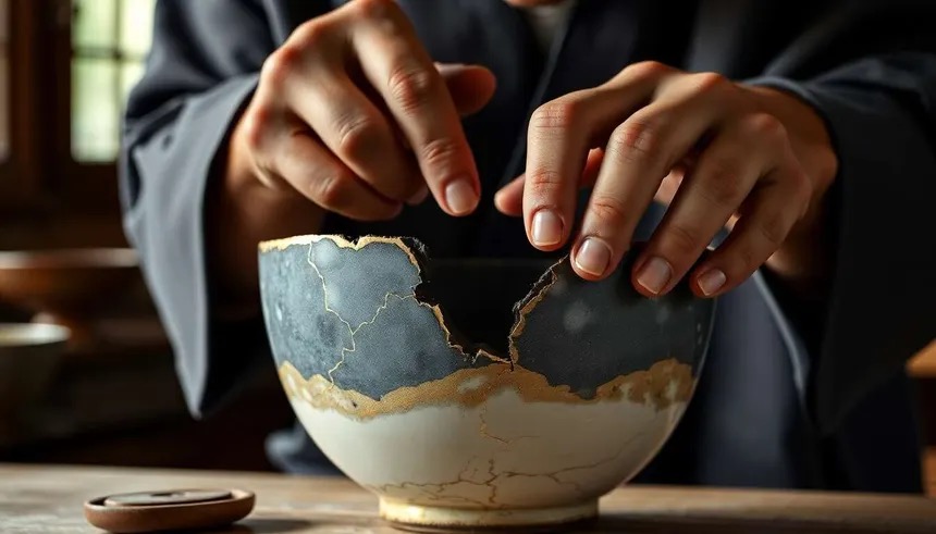 Mains d'un artisan appliquant de la laque dorée sur les fissures d'un bol en céramique brisé, technique du kintsugi