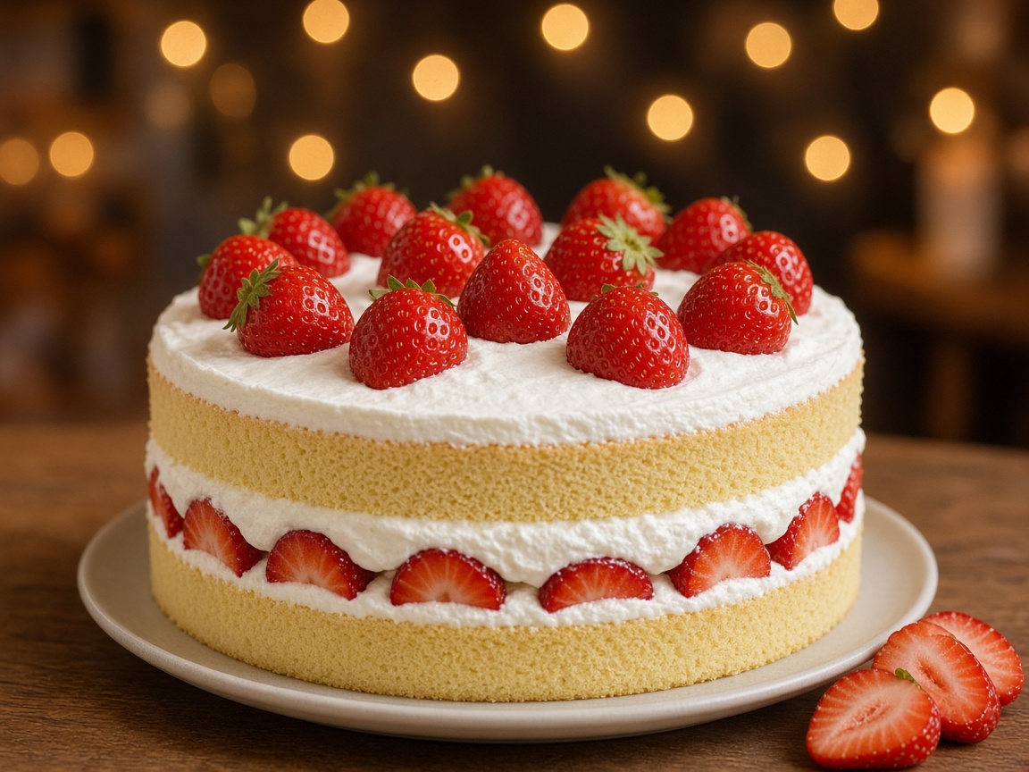 Shortcake aux fraises et à la crème fouettée, posé sur une table en bois