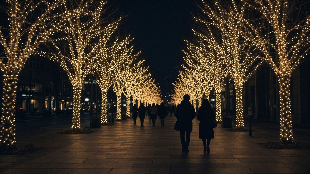 Avenue piétonne de nuit, arbres couverts de guirlandes dorées et passants en manteau