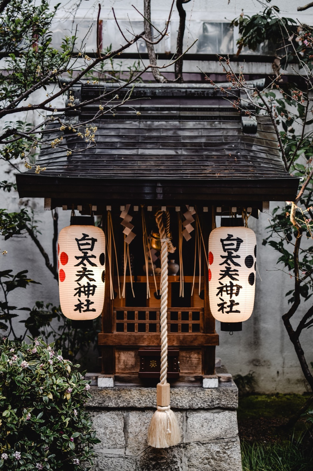 Petit sanctuaire shintoïste de quartier avec lanternes et corde shimenawa