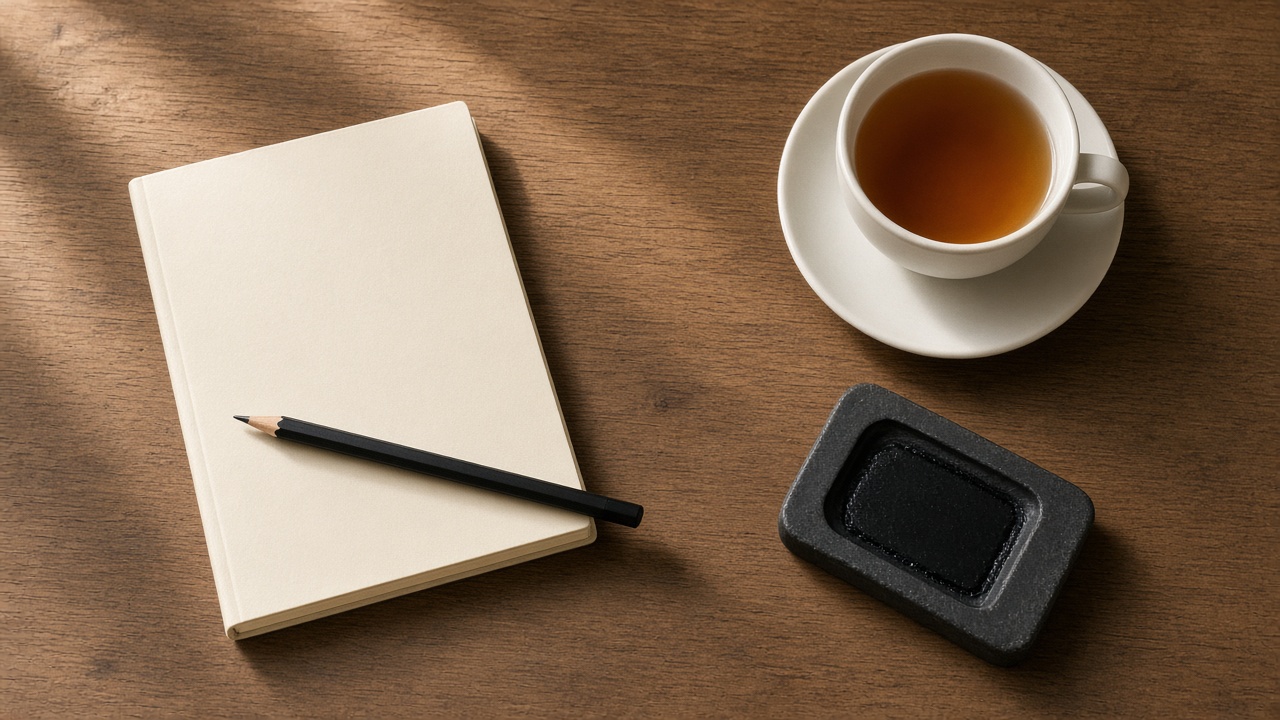 Bureau en bois avec un carnet fermé, un crayon, une tasse de thé et une pierre à encre